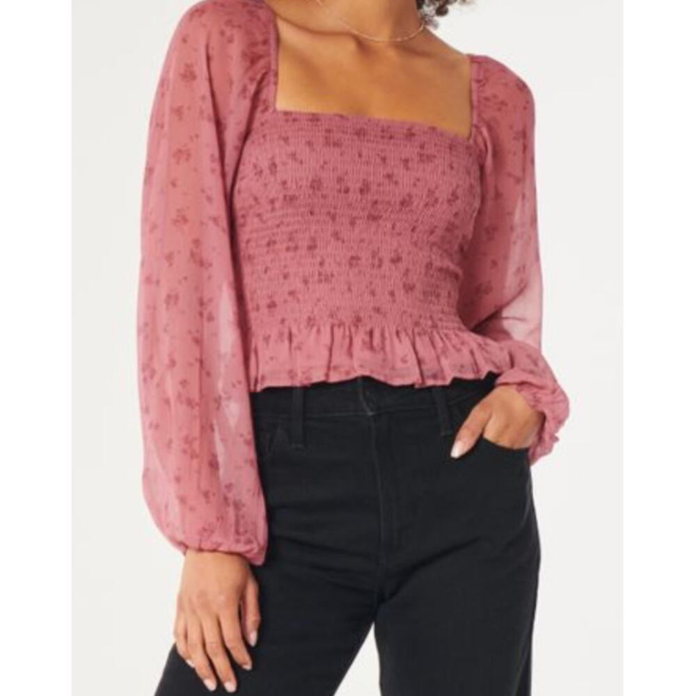 Hollister Womens Long Sleeves Smoked Chiffon Top Size Large Ruffled Hem